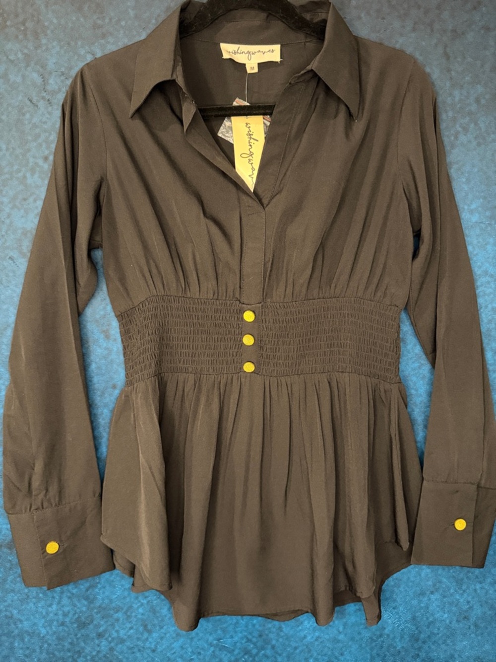Black Long-Sleeve Smocked Waist Blouse with Gold Buttons - WISHING WAVES